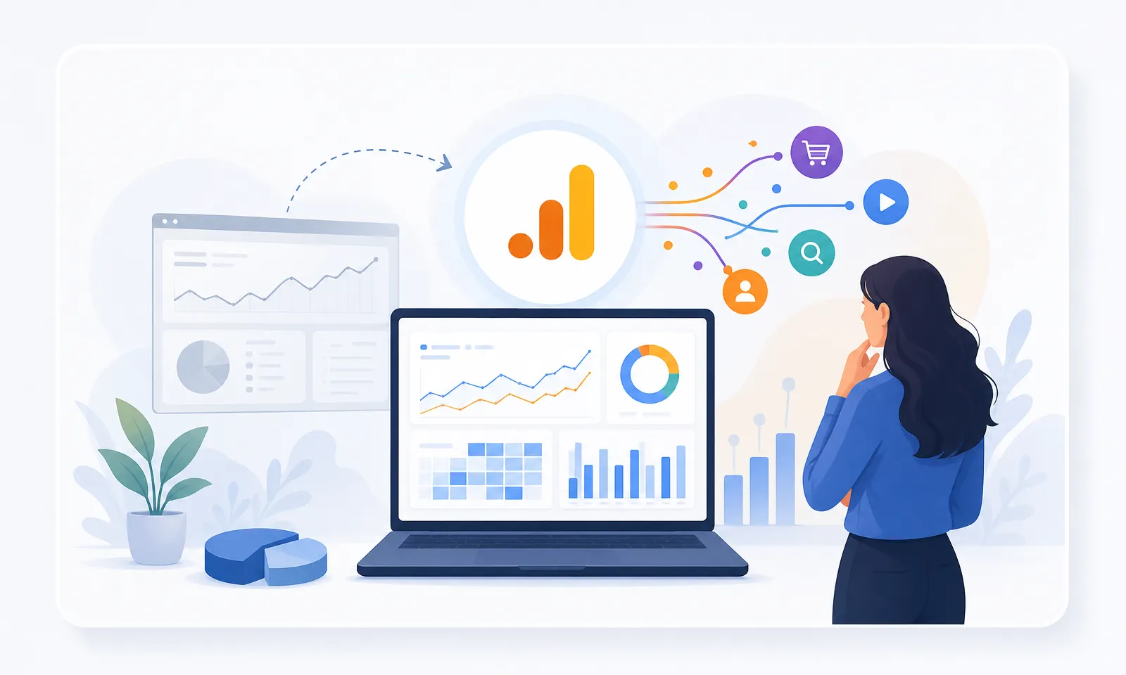 Google analytics 4 &mdash; Широкая предметная сцена темы внутри светлой интерфейсной рамки с чистым центральным фокусом