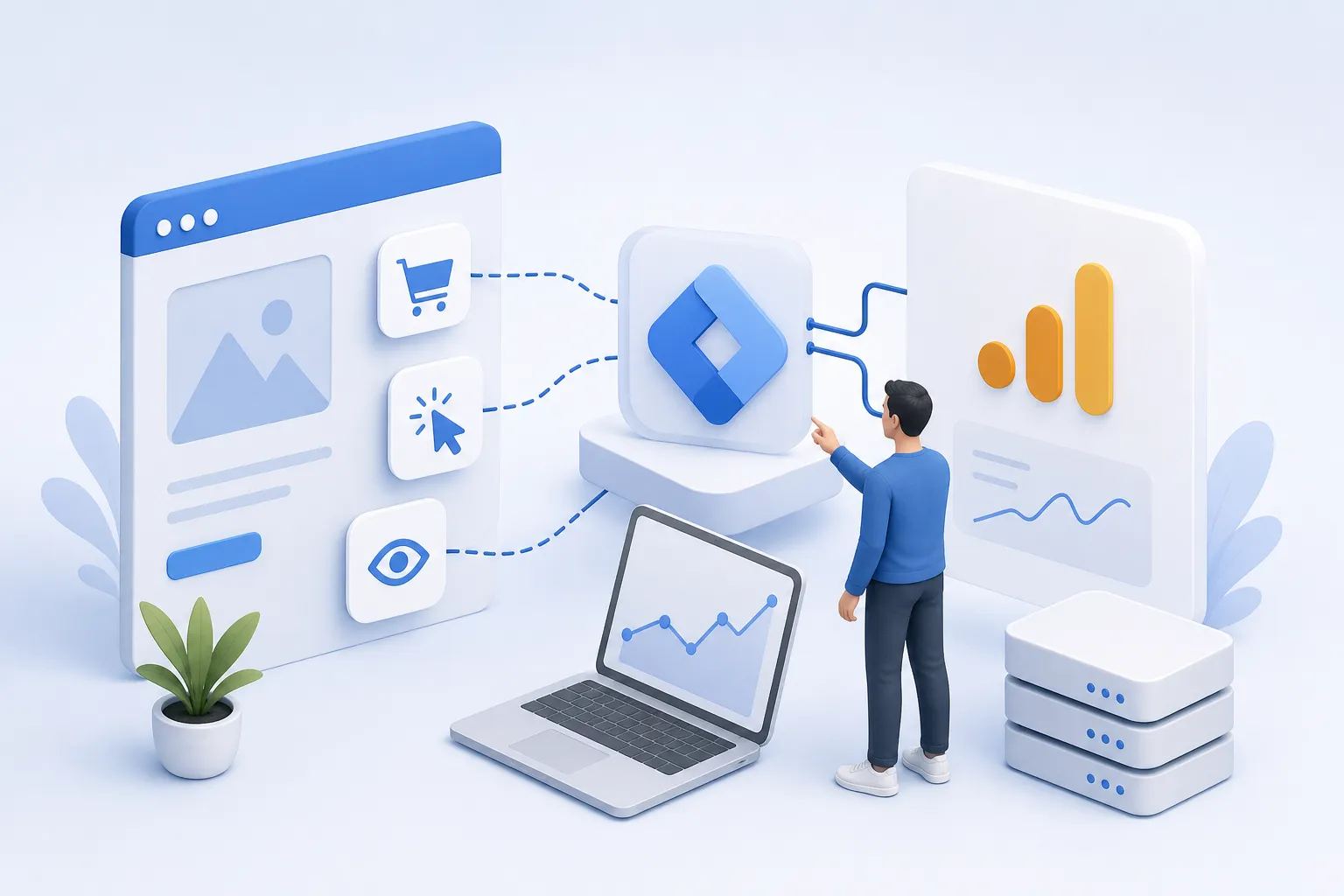 Установка ga4 через google tag manager &mdash; Предметный кадр статьи, пригодный для страницы материала и карточки блогового каталога